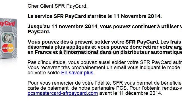 Arret Service PayCard SFR